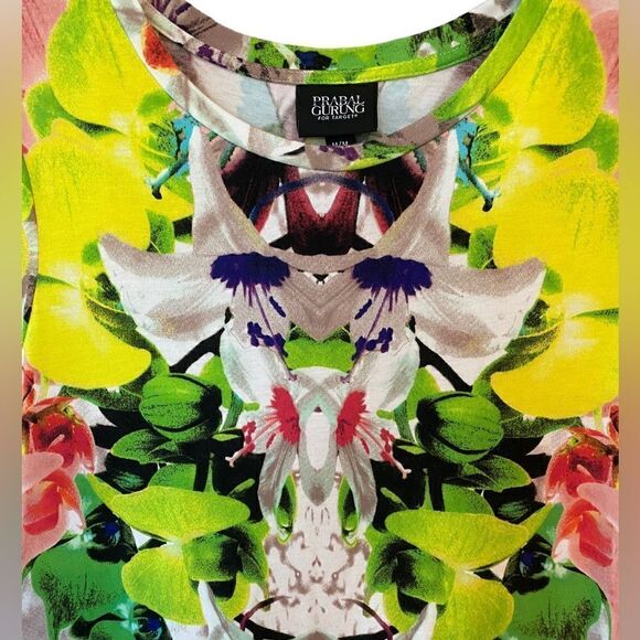 Parabal Gurung Sz M Néon Yellow Ink Blot Print Sheer Kick Hem Shift Dress - Picture 2 of 7